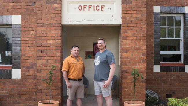 John McLean Bennett and Lachlan Jurgs outside the Dairy Co-operation, a new co-working space in the former offices of the Downs Dairy Factory. Monday, October 28, 2024. Picture: Christine Schindler