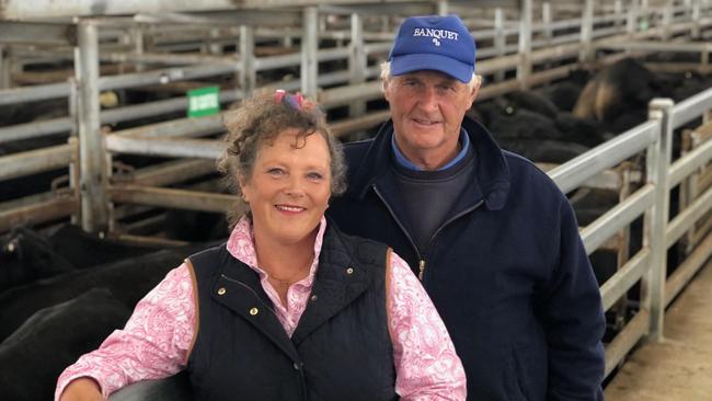 Vendors Vicki Jones and Bob Haworth sold the best presented pen of steers, reaching 464c/kg at the Mortlake special weaner sale. Picture: Petra Oates