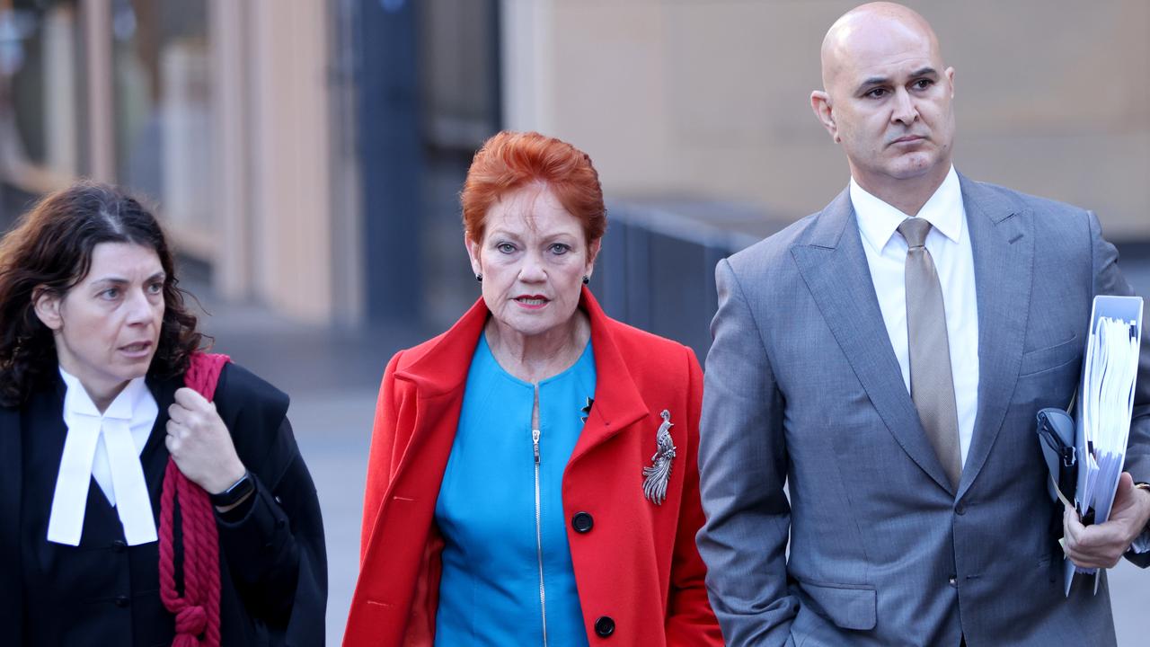Pauline Hanson (centre) with her barrister Sue Chrysanthou SC and lawyer Danny Eid. Picture: NCA NewsWire / Damian Shaw