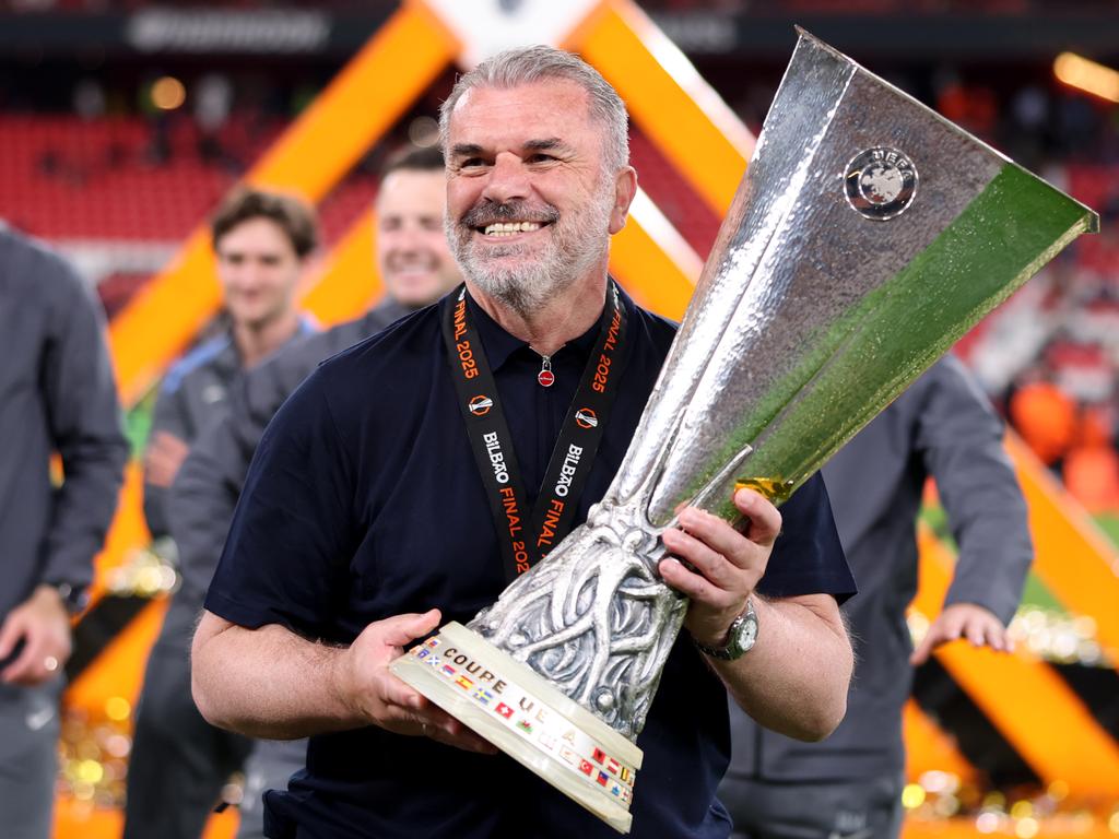 Ange Postecoglou, Manager of Tottenham Hotspur, celebrates with the UEFA Europa League trophy after his team's victory in the UEFA Europa League Final. Picture: Getty Images