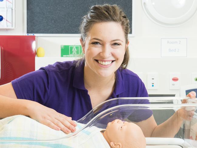 13/12/16 Midwifery student Ellen Worley learning how to be a midwife in the nursing labs at Flinders University. Picture: MATT LOXTON