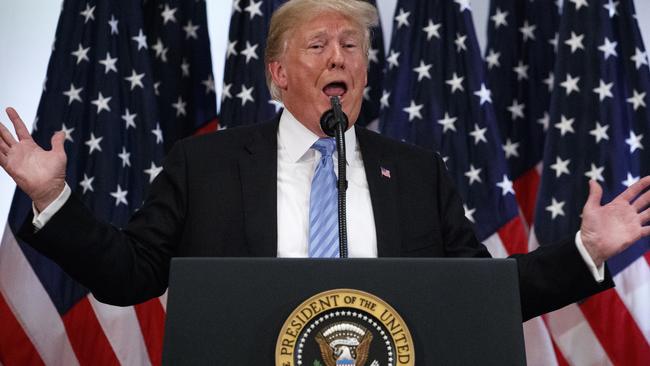 Donald Trump gesticulating during the press conference. Picture: AP