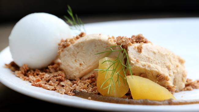 The butterscotch mousse with burnt apple puree, buttered oats and lemon myrtle sorbet at the Barrelroom Cafe. Picture: Tara Croser.