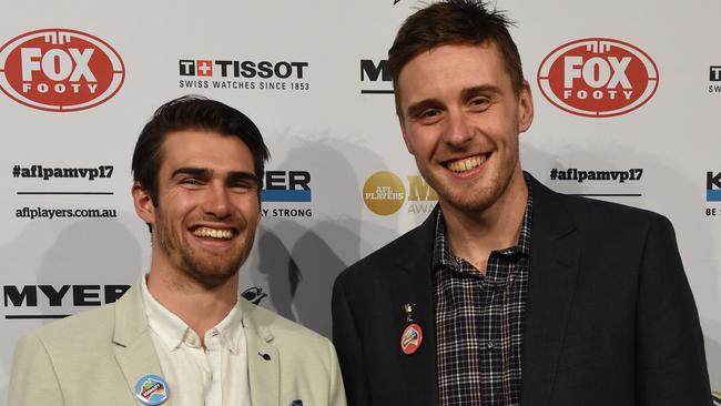 Bulldogs Easton Wood and Jordan Roughead display their equality badges. Picture: Tony Gough