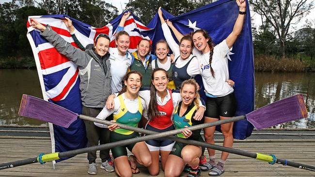 The women's eight team has just been selected to go to Rio because the Russians have been banned. Pictured in Melbourne on Wednesday: top row — Sarah Banting (cox), Georgie Gotch, Megan Volker, Charlotte Sutherland, Alex Hagan, Jessica Morrison. Front row — Fiona Albert, Molly Goodman, Lucy Stephan. Picture: Tim Carrafa