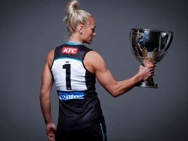 Erin Phillips poses with the AFLW Premiership Cup ahead of Season Seven starting. Picture: Michael Willson/AFL Photos via Getty Images