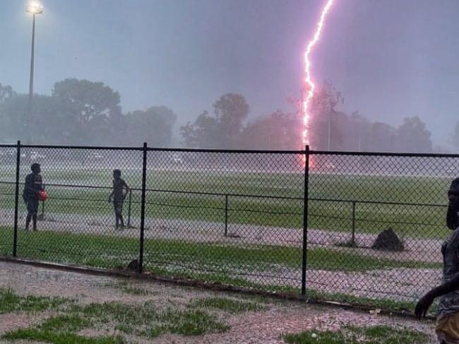 Picture of one of the lightning strikes that his the oval during half time of the NTFL match between Tiwi Bombers and Palmerston Magpies. Picture: Troy Ammerlaan (NTFL Umpire).