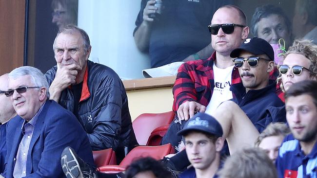 Chad Cornes (Port Adelaide coach), right, sits with his father Graham on Sunday. Picture: SARAH REED