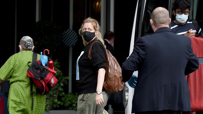 Passengers from a mercy flight arrived at the Pullman Hotel in Hindmarsh Sq. Picture: Naomi Jellicoe