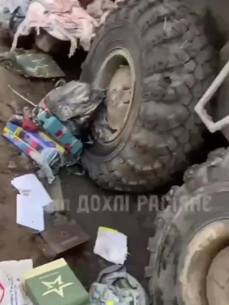 The stolen goods were found next to the abandoned Russian vehicle. Picture: Telegram.