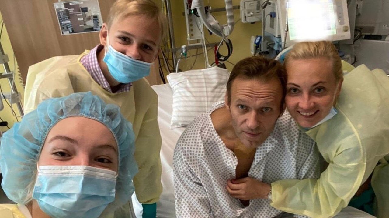 Navalny poses for a selfie with his family at Berlin’s Charite Hospital, where he recovered from his 2020 poisoning, allegedly at the hands of the Kremlin. Picture: AFP Photo/Instagram @navalny/Handout