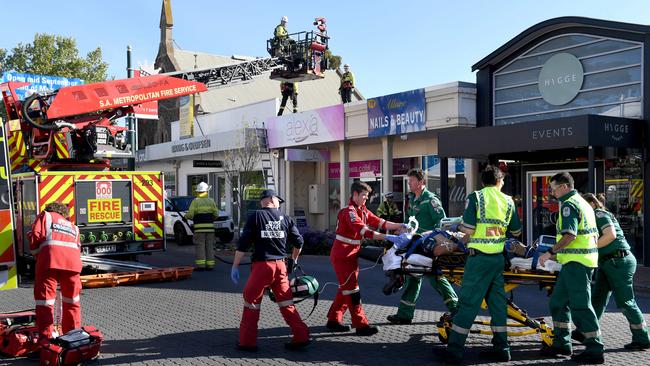 MFS and SA paramedics at the scene of the workplace accident on King William Road at Goodwood. Picture: Tricia Watkinson