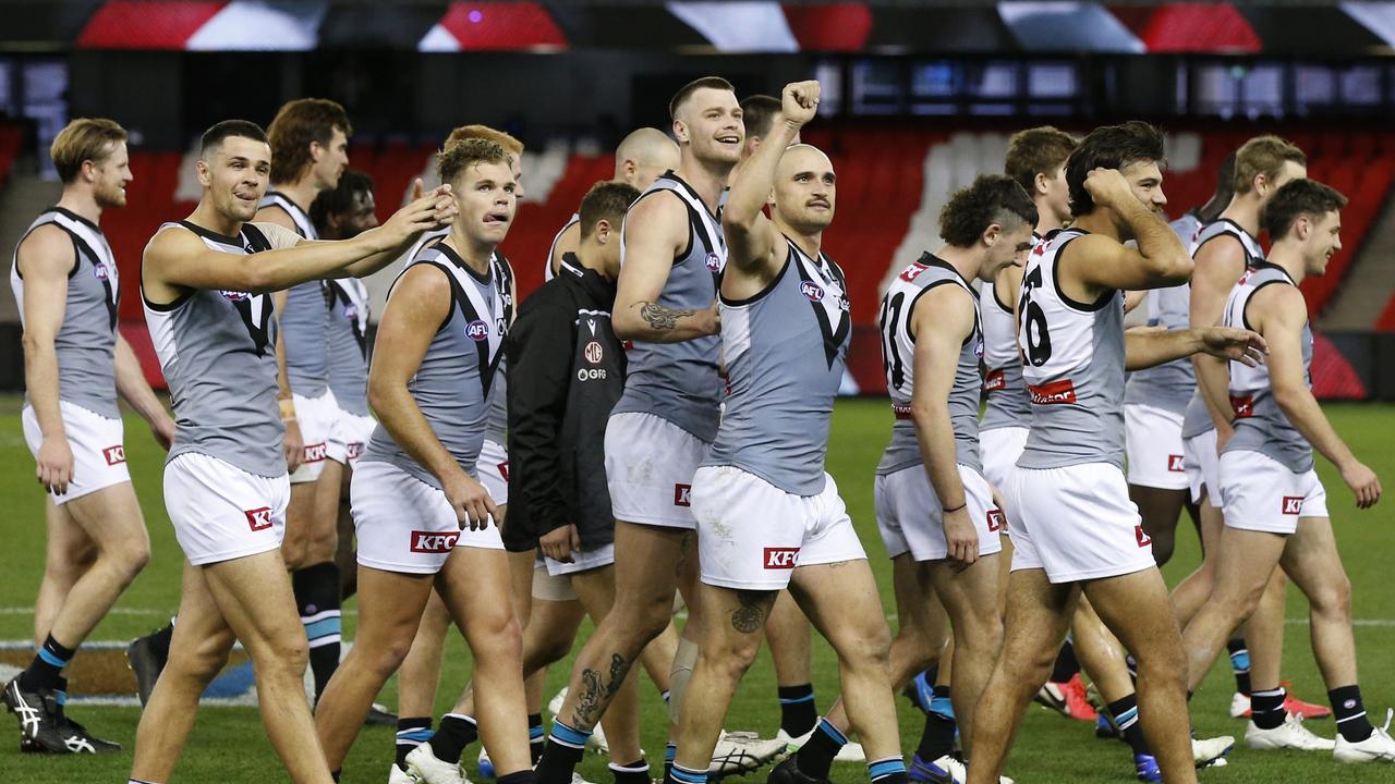 Port Adelaide players celebrate their win at Marvel Stadium. Picture: Getty Images