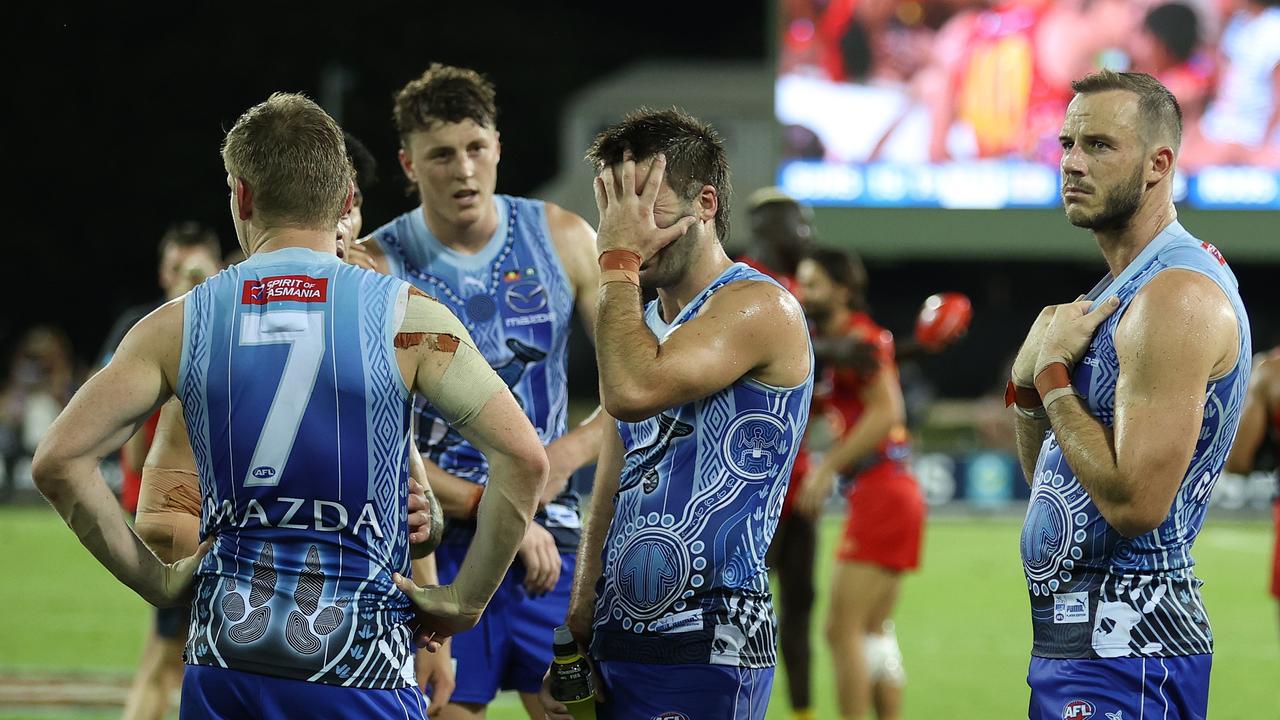 DARWIN, AUSTRALIA - JUNE 04: The Kangaroos are seen after they were defeated by the Suns during the round 12 AFL match between the Gold Coast Suns and the North Melbourne Kangaroos at TIO Stadium on June 04, 2022 in Darwin, Australia. (Photo by Robert Cianflone/Getty Images)