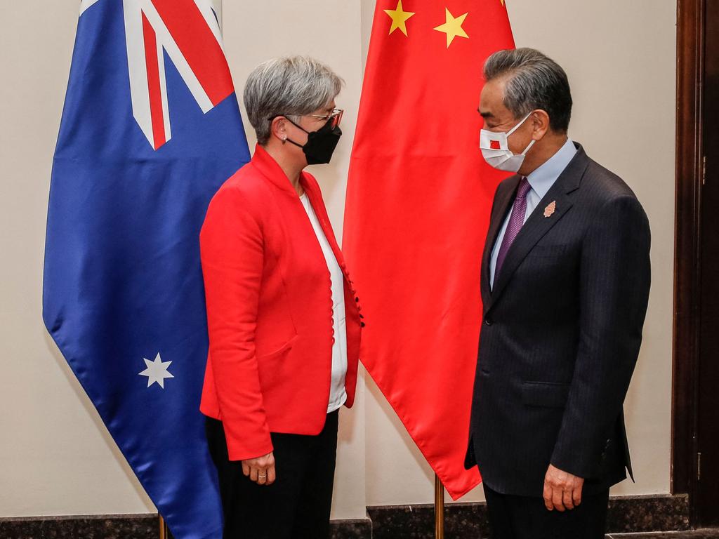 Australia's Foreign Minister Penny Wong and China's Foreign Minister Wang Yi face off on the sidelines of G20 Foreign Ministers Meeting. Picture: AFP