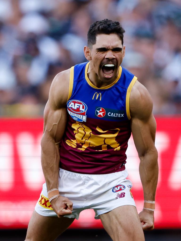 Charlie Cameron celebrates a goal during the Grand Final. (Photo by Dylan Burns/AFL Photos via Getty Images)