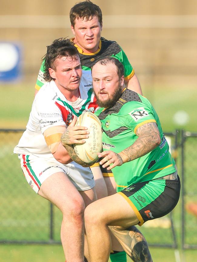 Palmerston’s Bradley Hansen looks for options in the NRL NT A-Grade match between Nightcliff Dragons and Palmerston Raiders. Picture: Glenn Campbell