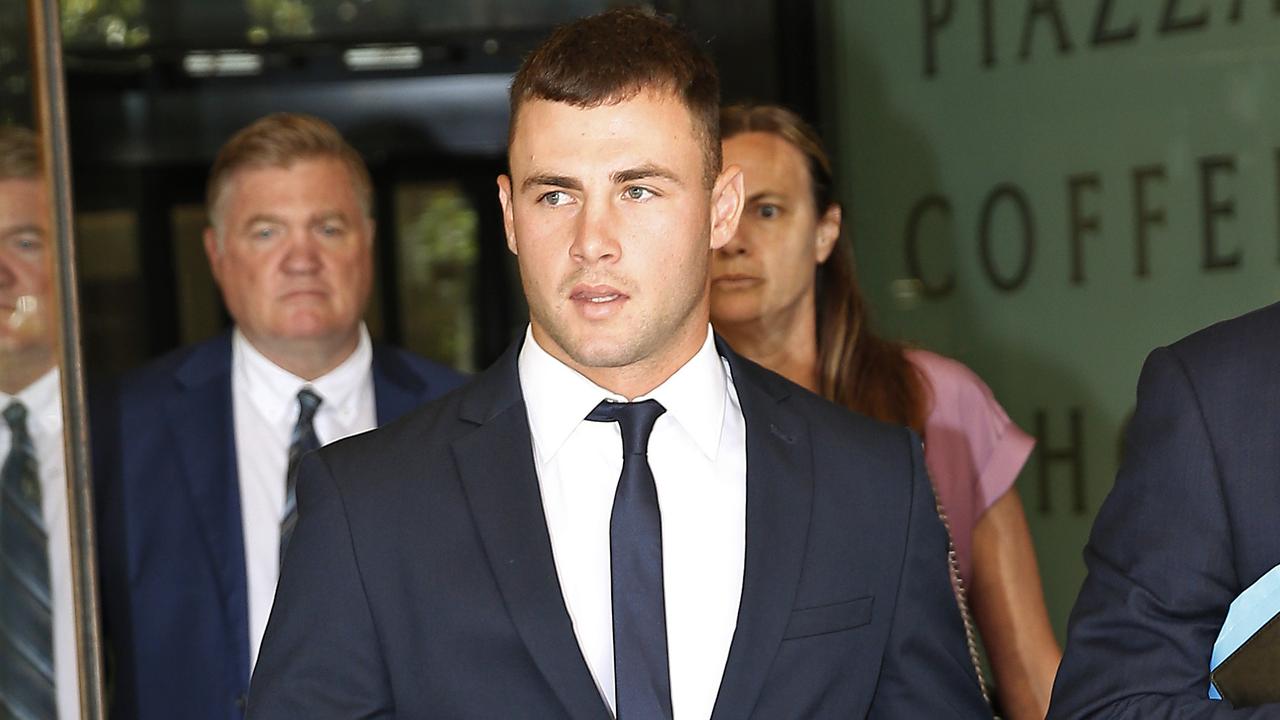 Sydney Roosters half Sandon Smith walks out of Sydney’s Downing Centre Local Court on Friday. Picture: NewsWire/John Appleyard.