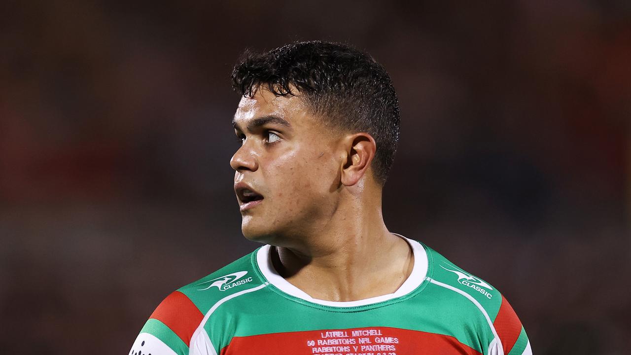 PENRITH, AUSTRALIA - MARCH 09: Latrell Mitchell of the Rabbitohs looks on during the round two NRL match between the Penrith Panthers and the South Sydney Rabbitohs at BlueBet Stadium on March 09, 2023 in Penrith, Australia. (Photo by Cameron Spencer/Getty Images)