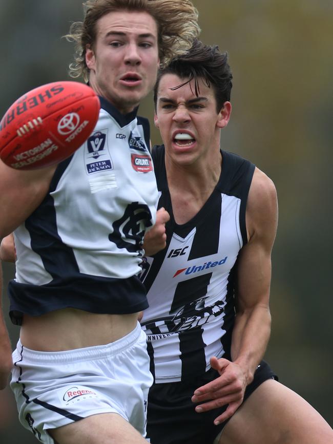 Marty Hore tangles with Harry McKay in the VFL. Picture: Stuart Milligan