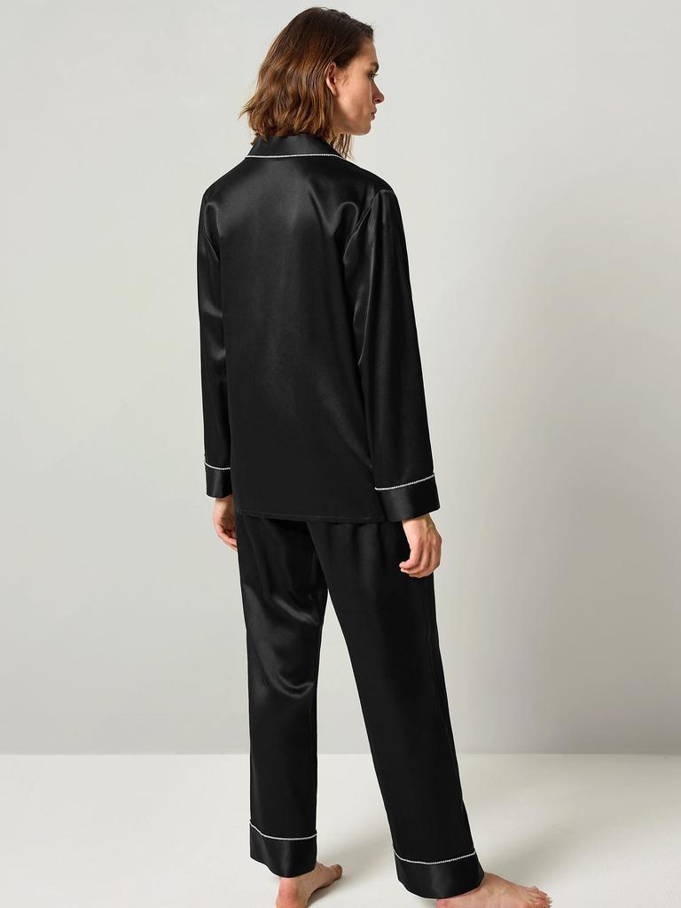 Black Piping Detail Long Sleeve Satin Pyjama Set