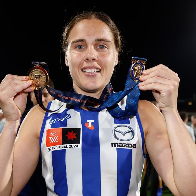 North Melbourne superstar Jasmine Garner added a fifth club best and fairest award to her already impressive haul from AFLW Grand Final day. Picture: Michael Willson / Getty Images