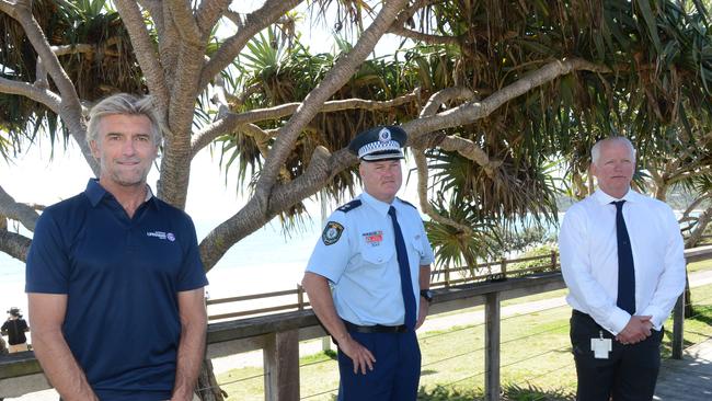 Byron Bay lifeguard supervisor Steve Mills, Tweed Byron Police District Acting Superintendent Cameron Lindsay and Northern NSW Local Health District chief executive Wayne Jones.