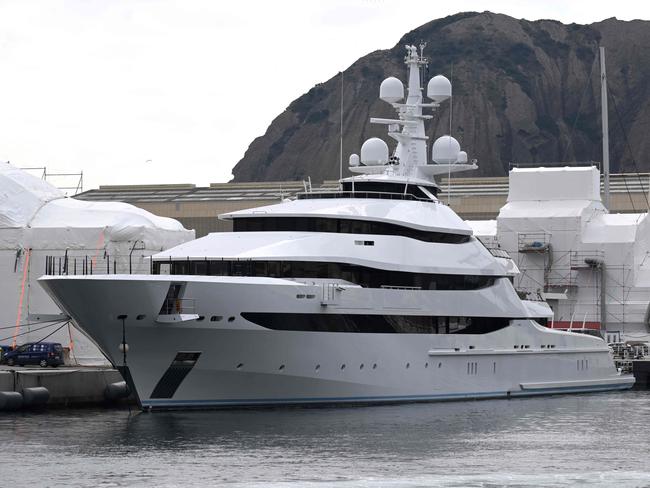 A picture taken on March 3, 2022 in a shipyard of La Ciotat, near Marseille, southern France, shows a yacht, Amore Vero, owned by a company linked to Igor Sechin, chief executive of Russian energy giant Rosneft. - The French government on March 3 said it had seized in La Ciotat a superyacht owned by a company linked to Igor Sechin, chief executive of Russian energy giant Rosneft and close confidant of the Russian President, as part of the implementation of European Union sanctions against Russian invasion of Ukraine. (Photo by NICOLAS TUCAT / AFP)