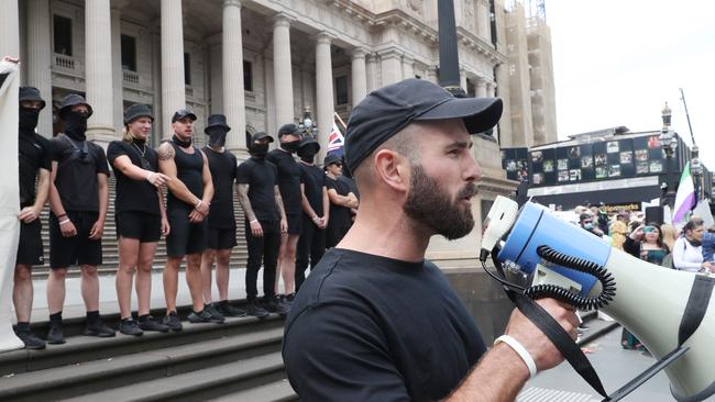 Members of a Melbourne far right-wing group, including National Socialist Network leader Thomas Sewell (pictured), crashed the event. Picture: NCA NewsWire / David Crosling