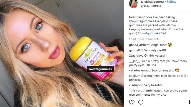 Social media influencer Taleisha Bonora spruiking vitamins in a post marked as an #ad. Not all on the platform are so careful about declaring when they’re paid. (Pic: Instagram @taleishaabonora)