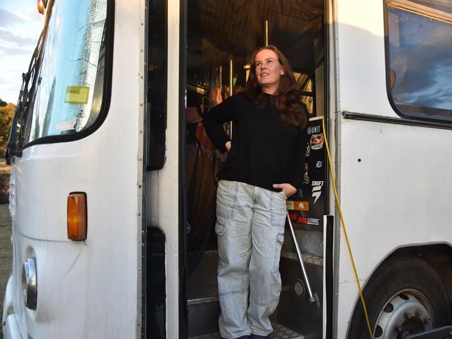 Emma Lenz, a single mother of two now lives in a bus after being priced out of the rental market in early 2023. Photo: Jessica Klein