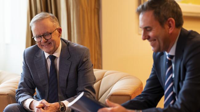 Anthony Albanese and Jim Chalmers are all smiles about Labor’s first budget in a decade. Picture: NCA NewsWire / Martin Ollman