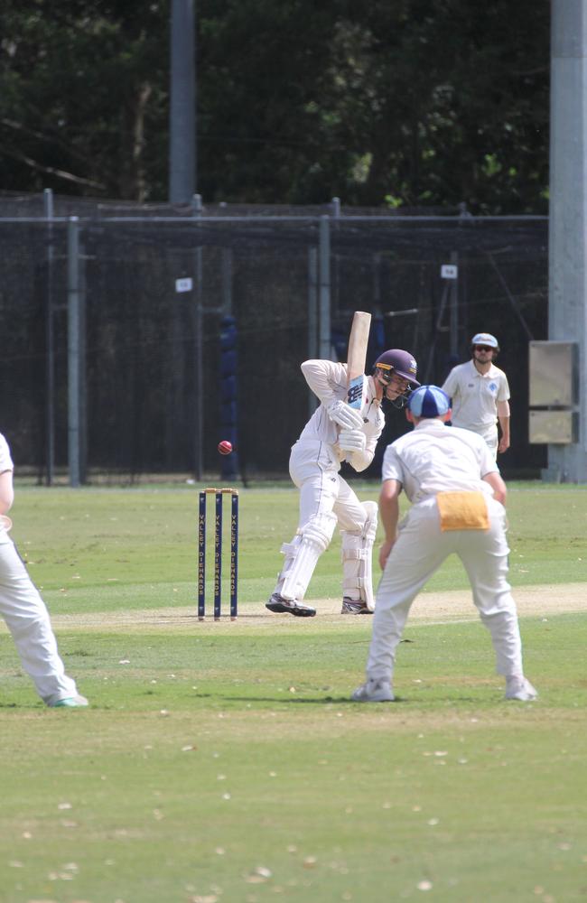 Tom Collier lets one go. Second grade club cricket finals action between Norths and Valley on Saturday March 16 2024.