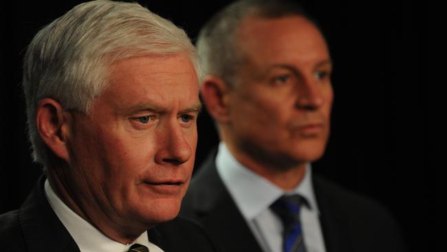 Attorney-General John Rau and Premier Jay Weatherill speak to the public after the report was released. Picture: Tricia Watkinson