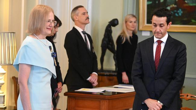 David Crisafulli is sworn in as Queensland Premier by Governor Jeannette Young in Brisbane on Monday. Picture: NewsWire / John Gass