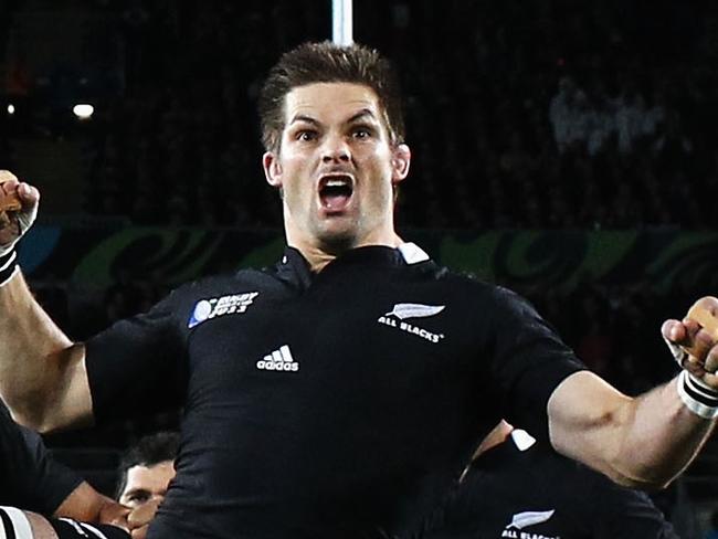 TO GO WITH AFP STORY BY CHRIS FOLEY (FILES) In a file picture taken on October 16, 2011 New Zealand's players including captain Richie McCaw (C), center Ma'a Nonu (R) and hooker Keven Mealamu (2L), perform the haka before the 2011 Rugby World Cup semi-final match Australia vs New Zealand at Eden Park Stadium in Auckland. New Zealand's pre-match haka may be one of sports most famous rituals and often claimed to intimidate opposing sides, but now its benefits to the All Blacks are being questioned. AFP PHOTO / PHIL WALTER / POOL