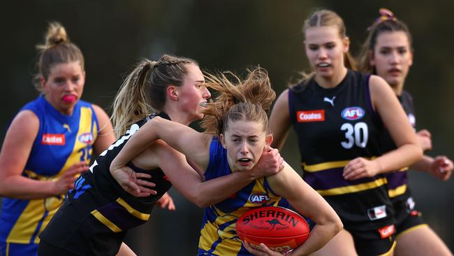 Western Jets player Indi Stanley is tackled. Picture: Getty.