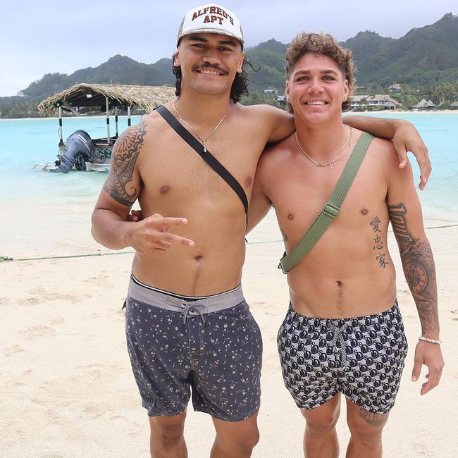 Brendan Piakura and Reece Walsh on a glass bottom boat tour in Rarotonga on the Cook Islands. Photo: Koka Lagoon Cruises.