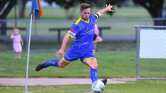 Gympie United Gladiators vs Tallebudgera Valley Tigers – Billy Bayldon sends in a corner kick. Picture: Shane Zahner