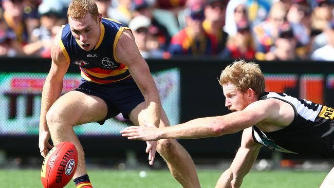 AFL - Showdown 40 - Adelaide Crows v Port Adelaide at Adelaide Oval. Tom Lynch and Matthew Lobbe. Picture: Sarah Reed.