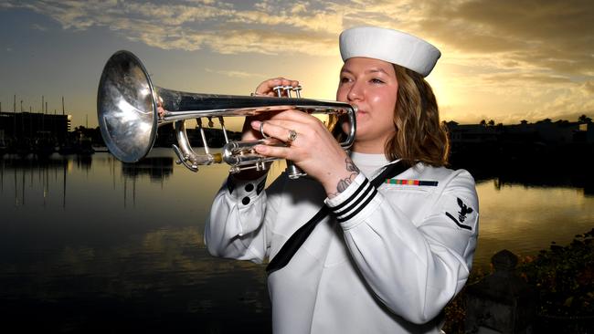 Dawn service at Anzac Park for 83rd commemoration of Battle of Coral Sea. US Seventh Fleet Band member Musician 3rd Class Christina Taralson. Picture: Evan Morgan