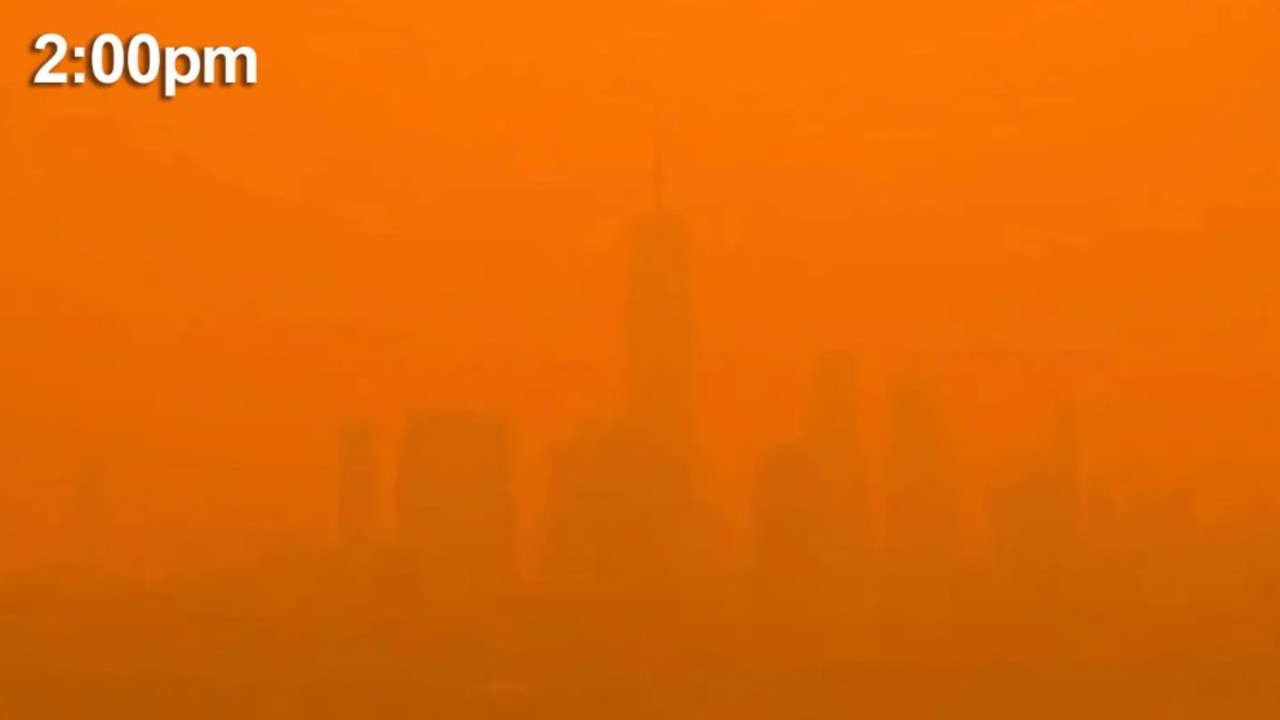 Manhattan was buried under a thick orange curtain of smoke by 2pm Wednesday. Picture: NWS New York NY/Twitter