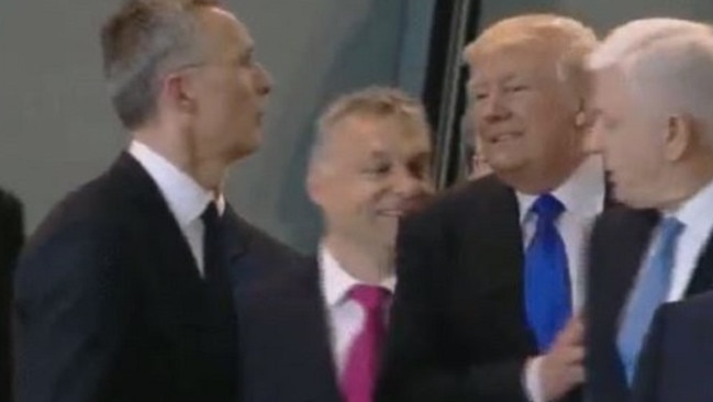 Donald Trump shoves past Montenegro Prime Minister Dusko Markovic. Picture: Twitter