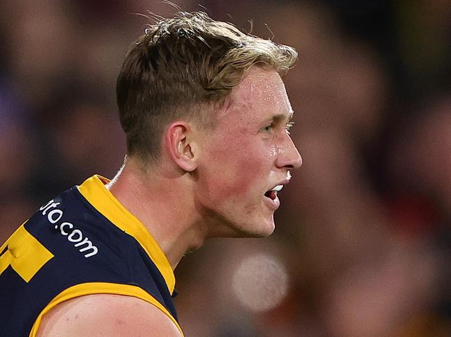 ADELAIDE, AUSTRALIA – MAY 02: Brayden Cook of the Crows celebrates a goal during the 2024 AFL Round 08 match between the Adelaide Crows and the Port Adelaide Power at Adelaide Oval on May 02, 2024 in Adelaide, Australia. (Photo by Sarah Reed/AFL Photos via Getty Images)