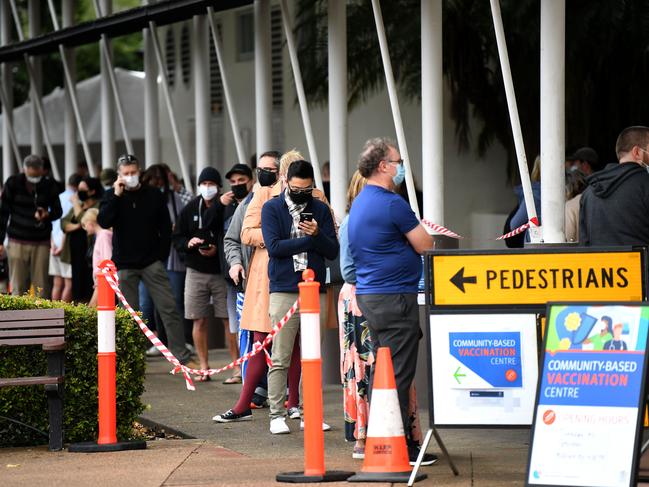 People line up outside a community vaccination centre in Capalaba, in Brisbane's east. Picture: NCA NewsWire / Dan Peled