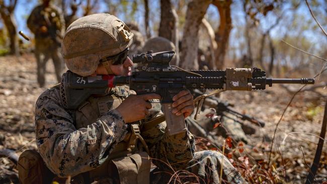 U.S. Marine Corps Cpl. Gaudiel Payan, with Ground Combat Element, Marine Rotational Force – Darwin, participates in offensive and defensive operations during Exercise Koolendong at the Mount Bundey Training Area on September 5, 2020. Picture: Cpl. Lydia Gordon