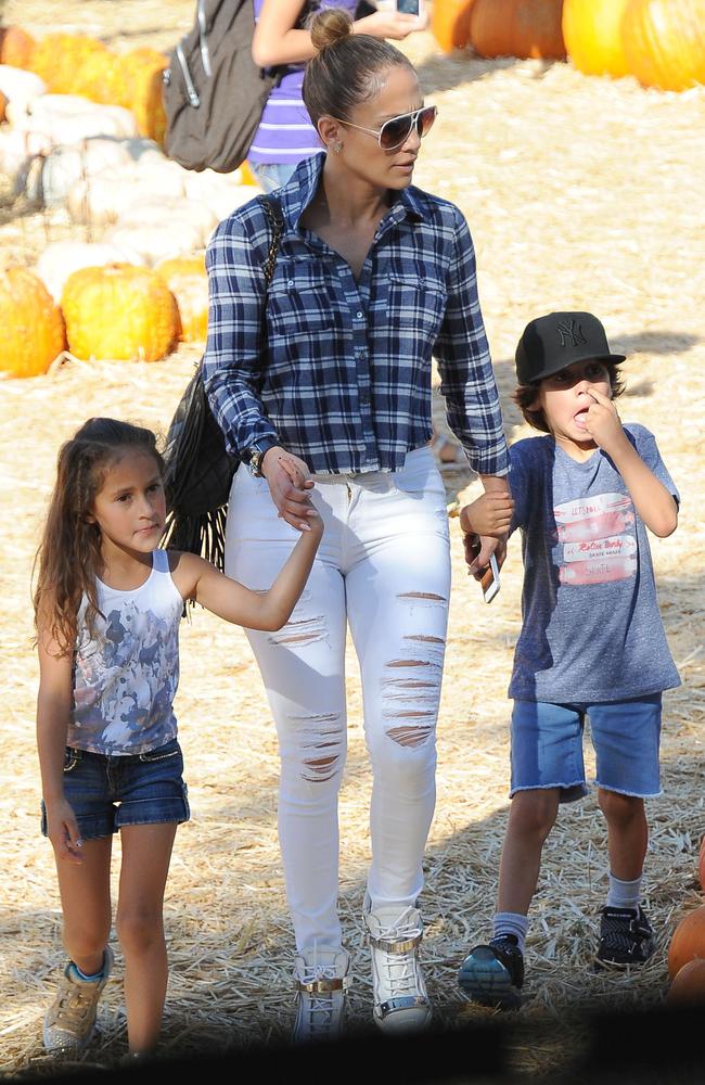 Day out ... Jennifer Lopez takes her kids to Mr Bones Pumpkin Patch in West Hollywood. Picture: Australscope