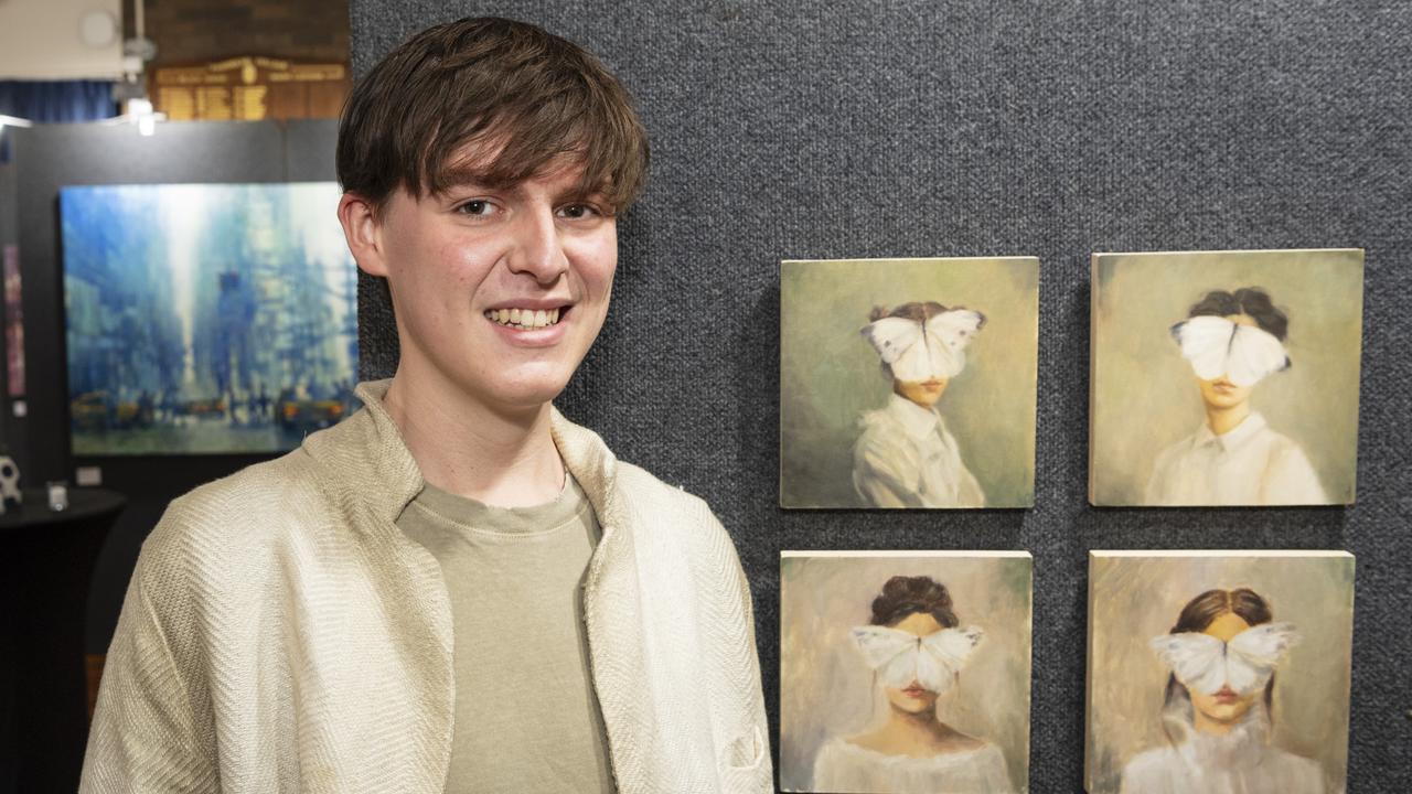 Ruben Fitton with his work Butterfly Girls series in Fairholme Open Art Prize FACETS exhibition, Friday, May 10, 2024. Picture: Kevin Farmer