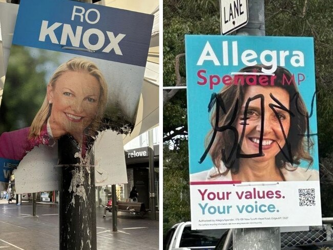 L: A Ro Knox poster after being set alight, R: A vandalised poster of Allegra Spender.