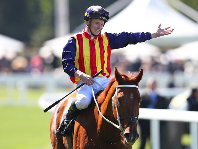 ASCOT, ENGLAND - JUNE 14:  James McDonald celebrates on board Nature Strip as they win The King's Stand Stakes during Royal Ascot 2022 at Ascot Racecourse on June 14, 2022 in Ascot, England. (Photo by Alex Livesey/Getty Images)